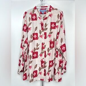 Liz & Me Red Natural Floral Long Sleeve Cotton Button Down Tunic Top Size 3X